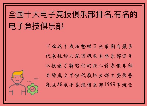 全国十大电子竞技俱乐部排名,有名的电子竞技俱乐部